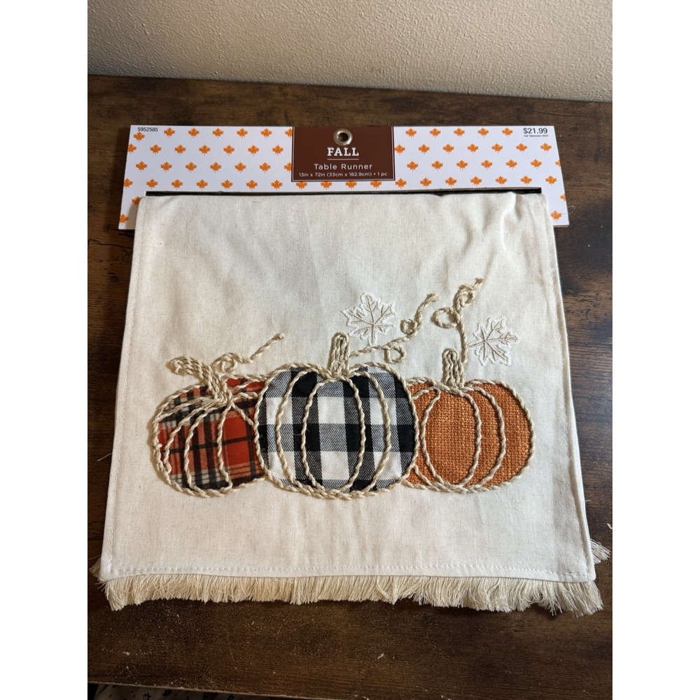 New Fall table runner With pumpkins Size 13in X 72in. Off White.